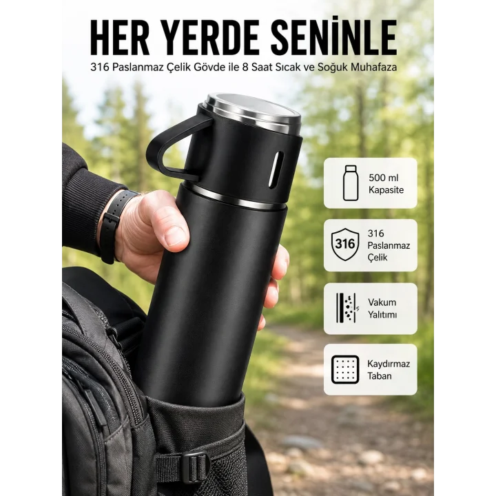 Mey İthalat® Termos Seti 3lü Bardak Seti Isı Dayanıklı Siyah Paslanmaz Çelik Vakumlu
