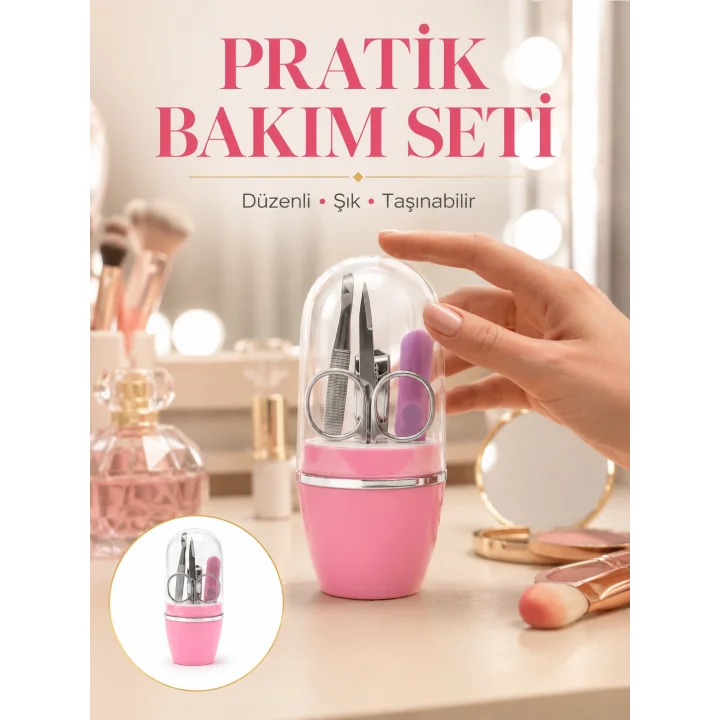 Mey İthalat® Tırnak Bakım Manikür Pedikür Seti 4 Parça Pembe Ev ve Seyahat Uyumlu Yeni Nesil