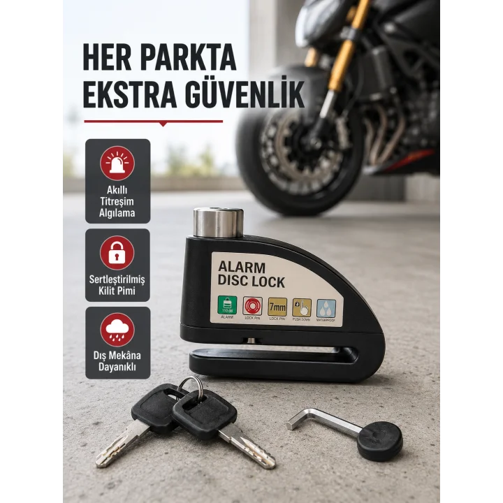 Mey İthalat® Titreşim Sensörlü Alarmlı Motosiklet Disk Kilidi 14mm Çelik Çift Kilitleme