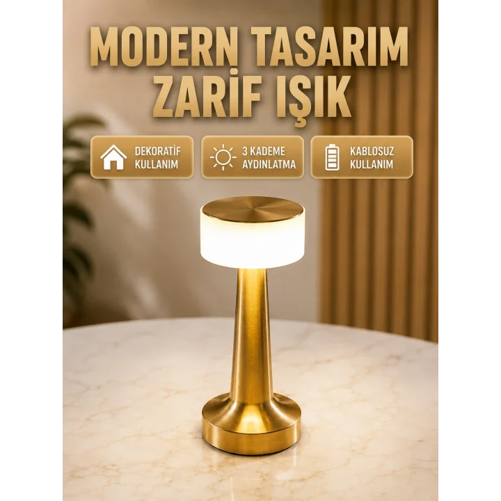 Mey İthalat® Touch Gece Lambası – Dokunmatik Kontrol, Kablosuz Kullanım, Metal Gövde Yeni Nesil