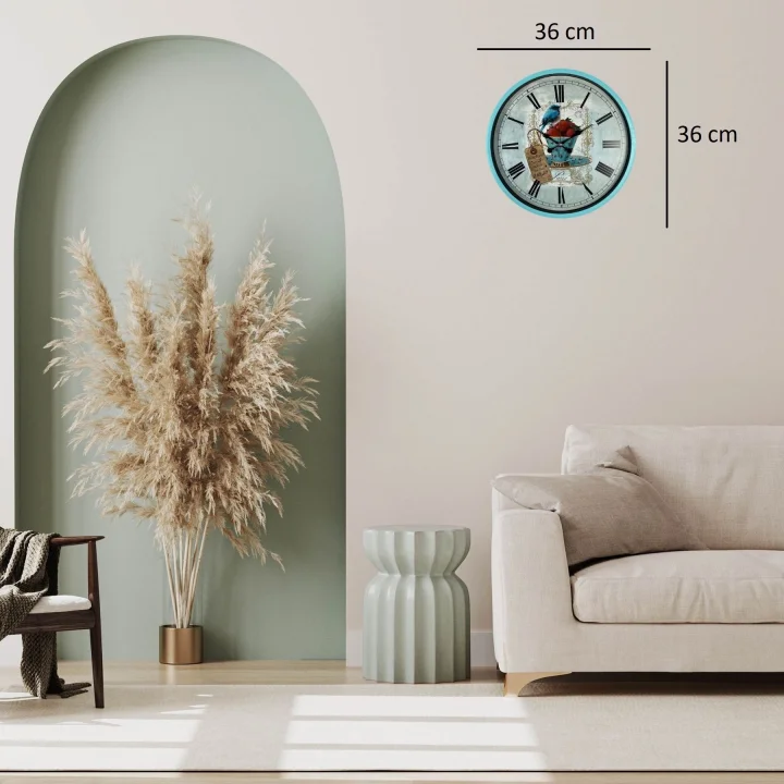 Mey İthalat® Turkuaz 36 Cm Strawberry Bird Figürlü Duvar Saati