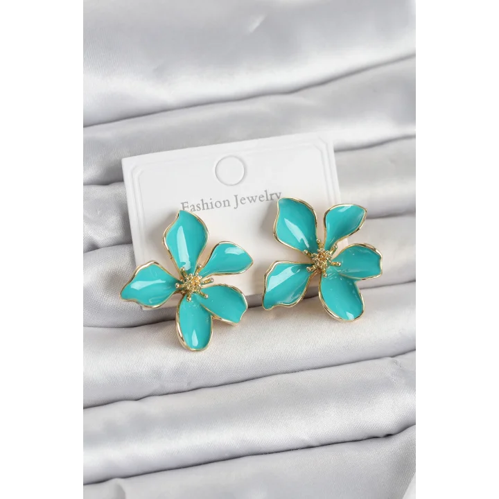 Mey İthalat® Turkuaz Mineli Çiçek Model Pirinç Kadın Küpe