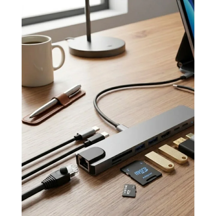Mey İthalat® Type C Çoklu Port Hub 8 Port USB HDMI SD Kart Ethernet Adaptör
