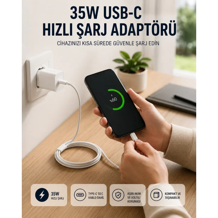 Mey İthalat® Type-C to C Kablolu 35W Hızlı Şarj Başlığı Set