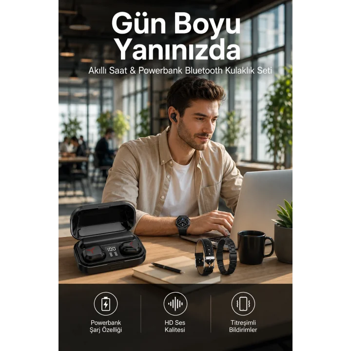 Mey İthalat® Ucuz Kaliteli Akıllı Saat ve Powerbank Bluetooth Kulaklık 5.1 Stereo ANC Özelliği