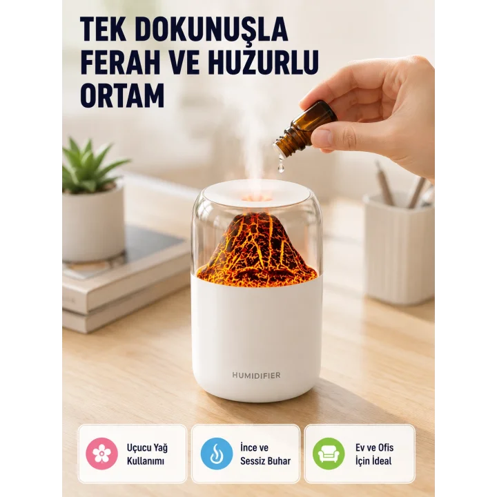 Mey İthalat® Ultrasonik Alev Efektli Aromaterapi Difüzörü USB Şarjlı ve Otomatik Kapanma Özellikli