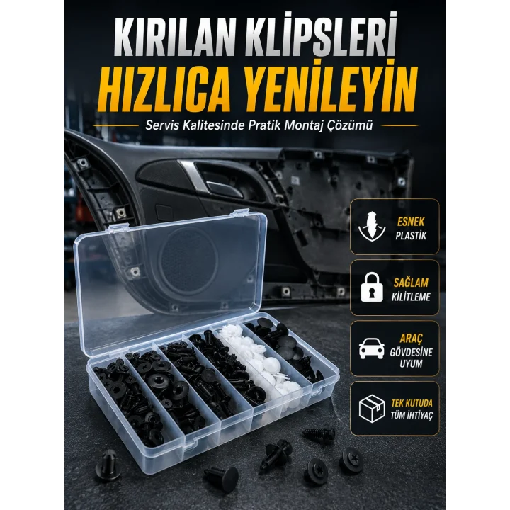 Mey İthalat® Universal Araç Döşeme Klipsi ve Tampon Sabitleme Pimi Seti 100 Parça Organizer Kutulu