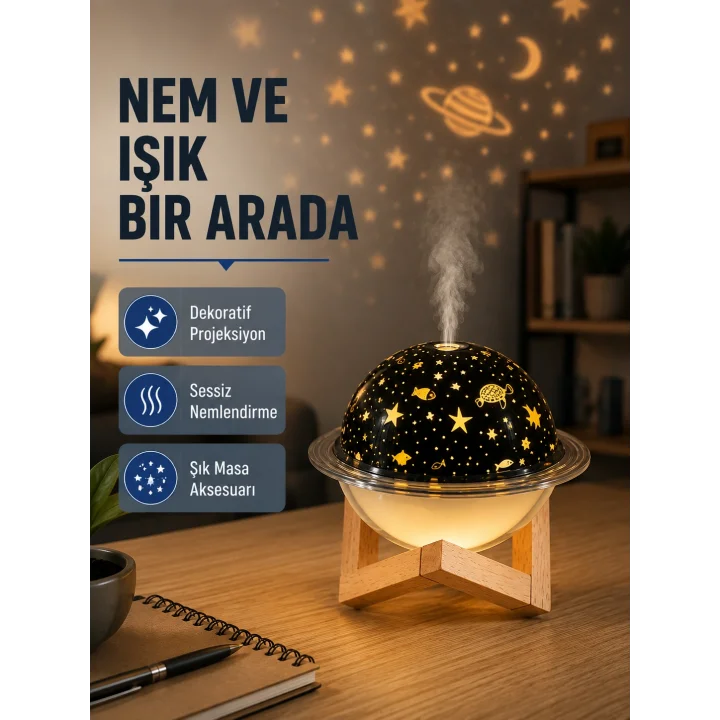 Mey İthalat® USB Projeksiyon Gece Lambası ve Hava Nemlendirici – Aromaterapi Destekli, Taşınabilir Mini