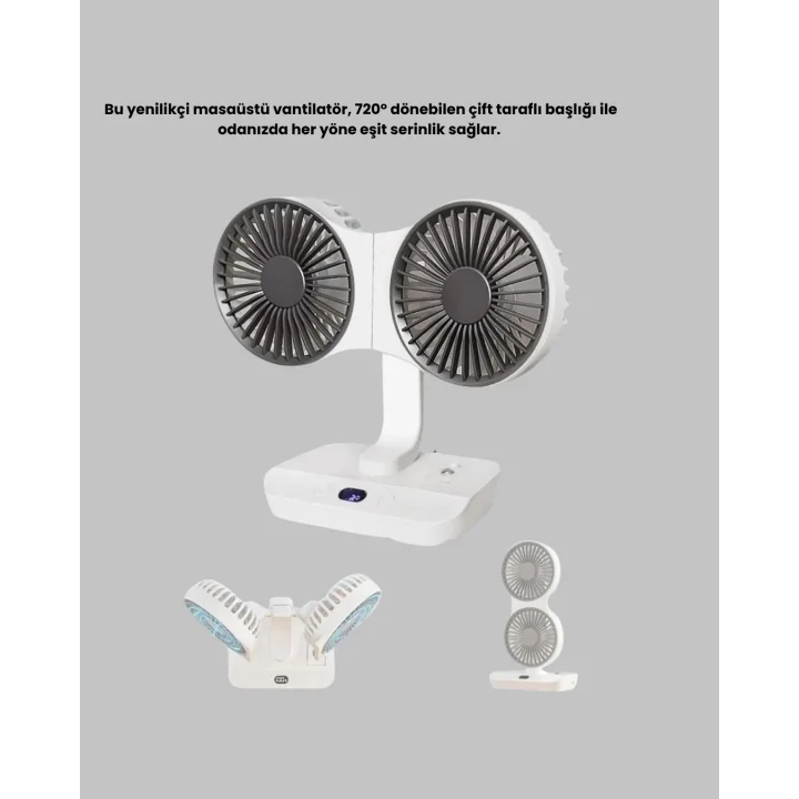 Mey İthalat® USB Şarjlı Çift Kafalı Vantilatör – 720° Döner Başlık ve Sessiz Çalışma Özelliği