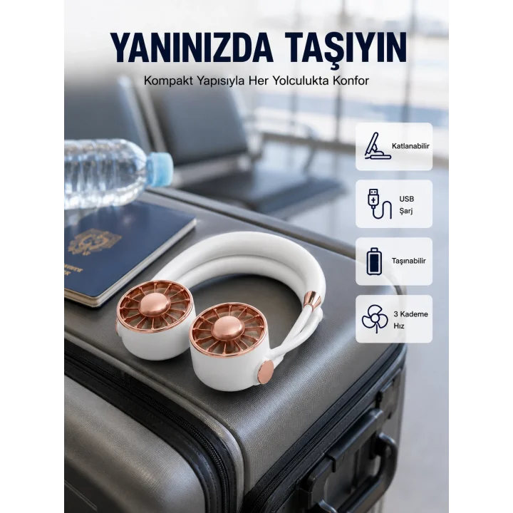 Mey İthalat® USB Şarjlı Katlanabilir Mini Boyun Fanı 1–3 Saat Kullanım