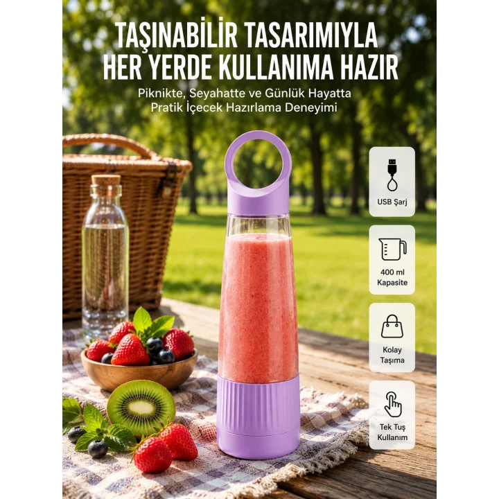 Mey İthalat® USB Şarjlı Taşınabilir Smoothie Blender 400 ml