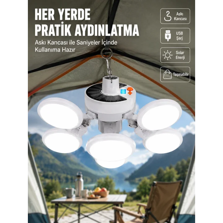 Mey İthalat® USB ve Solar Şarjlı Katlanabilir 5 Taraflı LED Lamba