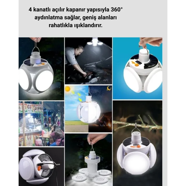 Mey İthalat® USB ve Solar Şarjlı Katlanabilir 5 Taraflı LED Lamba