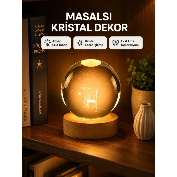 Mey İthalat® USB’li Küçük Prens Işıklı Cam Küre Ahşap Altlıklı Dekoratif Lamba