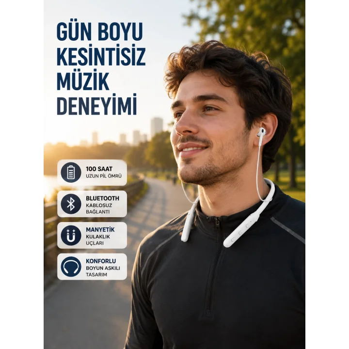 Mey İthalat® Uzun Süre Dayanıklı Manyetik Başlıklı Bluetooth Kulaklık