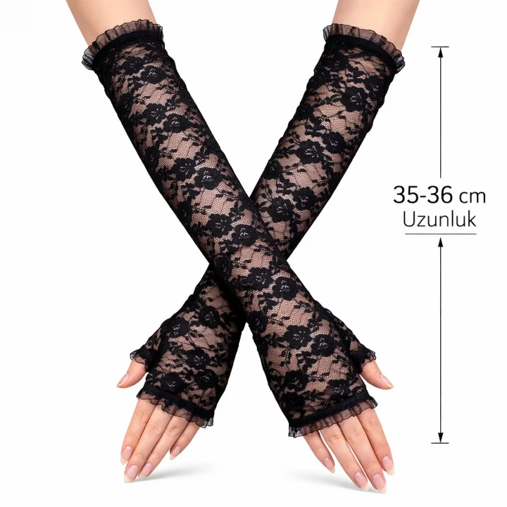 Mey İthalat® Uzun Zarif Dantel Eldiven Parmaksız Siyah 35 cm