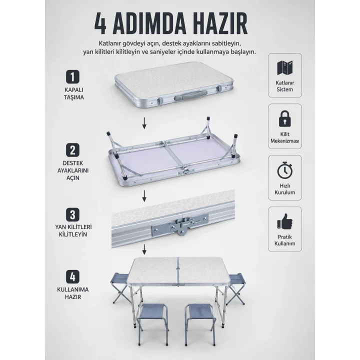 Mey İthalat® Valiz Tipi Katlanabilir Piknik Masası 4 Tabureli Taşınabilir Kamp Masası