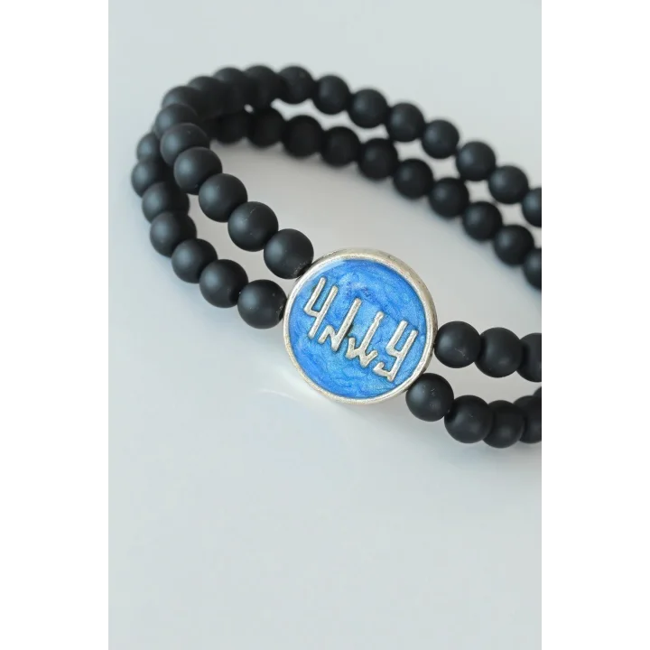 Mey İthalat® Vav Figürlü Lacivert Metal Aksesuarlı Çift Sıra Oniks Doğal Taş Erkek Bileklik