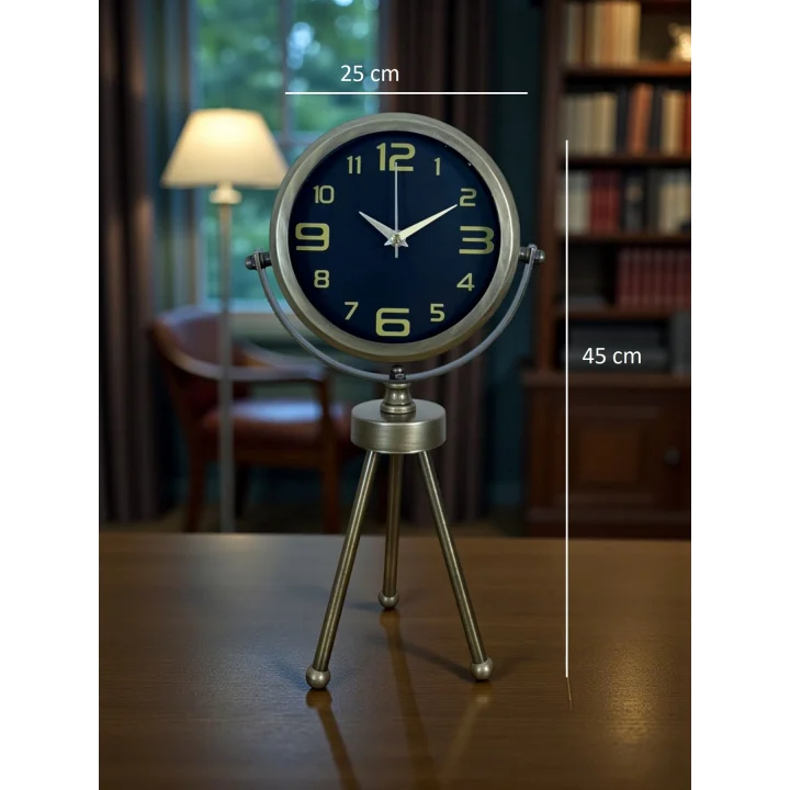 Mey İthalat® Vintage Tripod Eskitme Metal Üç Ayaklı Masa Saati
