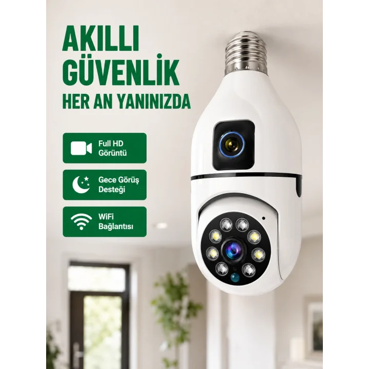 Mey İthalat® WiFi Ampul Güvenlik Kamerası 1080P Full HD Gece Görüşlü ve Hareket Algılamalı