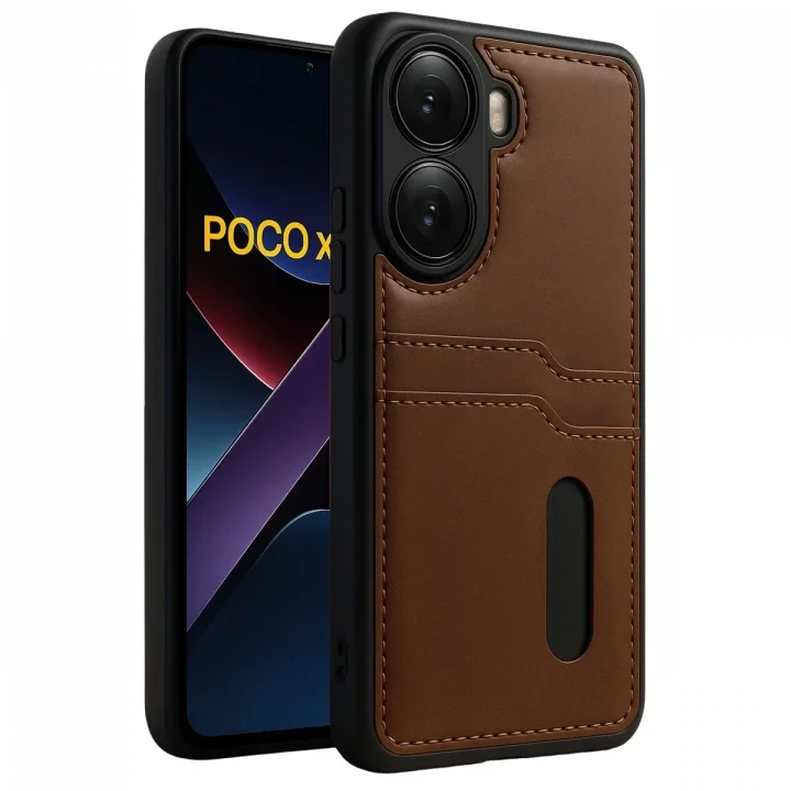 Mey İthalat®   Poco X7 Pro Kılıf Sara Kartvizitli Deri Kılıf - Taba