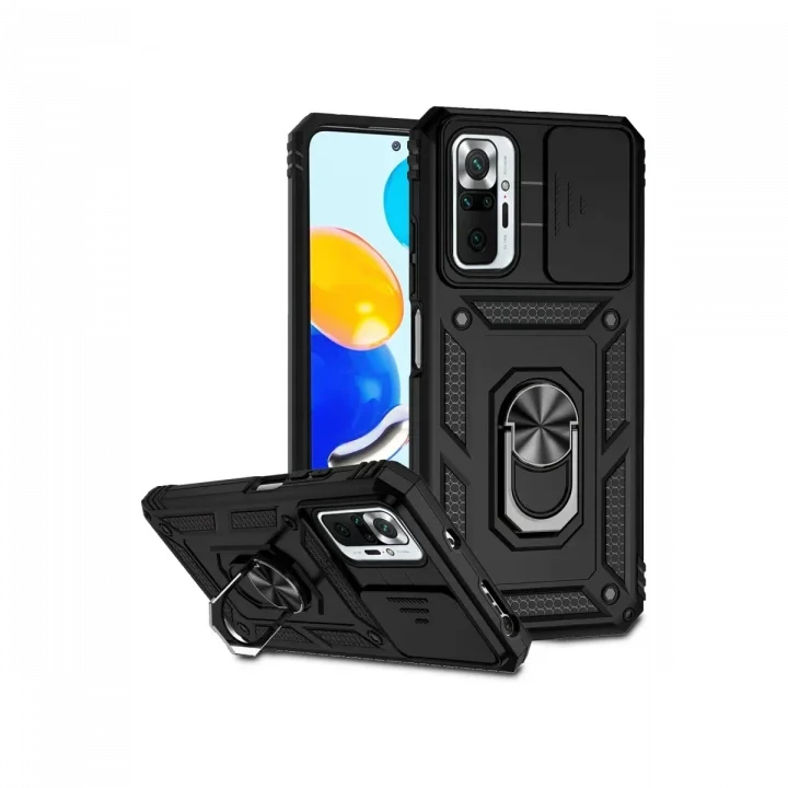 Mey İthalat®  Xiaomi Redmi Note 10 Pro Kılıf Pars Lens Yüzüklü Silikon - Siyah