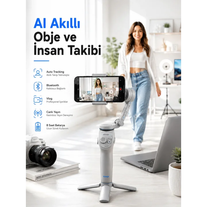 Mey İthalat® Yapay Zeka Takipli Telefon Gimbali Katlanabilir Tripod Bluetooth Kontrollü Dahili LED Işıklı