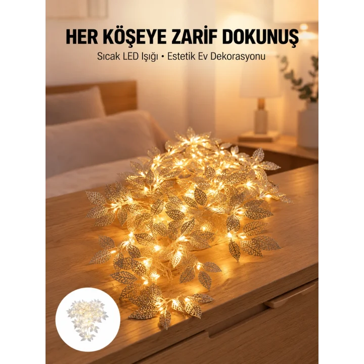 Mey İthalat® Yaprak Şekilli Gümüş LED Işık Pilli Dekoratif Aydınlatma
