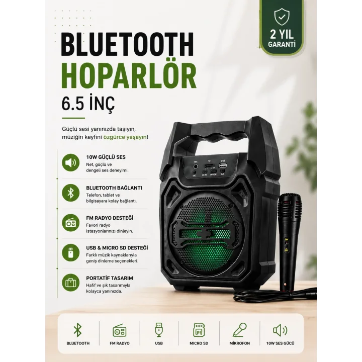 Mey İthalat® Yeni Nesil 6.5 İnç Bluetooth Hoparlör Mikrofonlu Taşınabilir Ses Sistemi