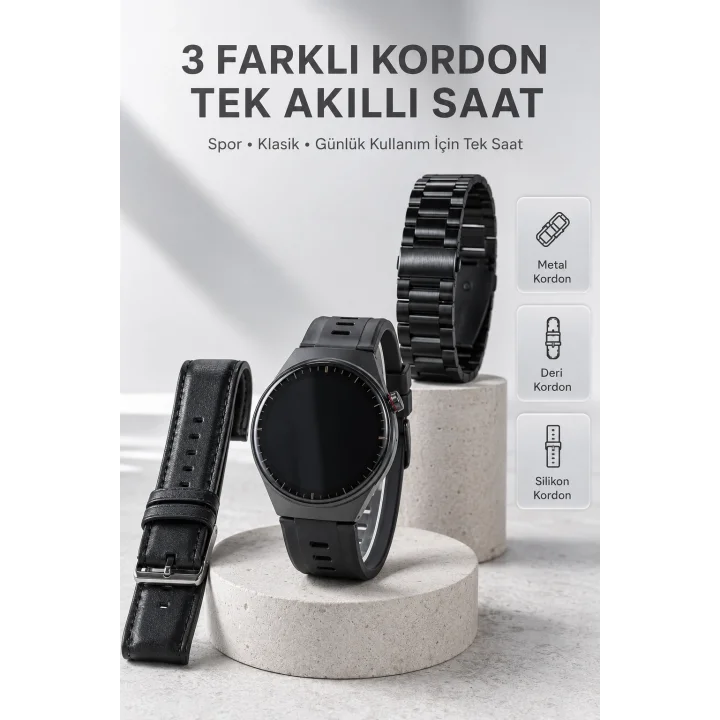 Mey İthalat® Yeni Nesil Akıllı Saat Bluetooth Görüşme, Sağlık Takibi, AMOLED Ekran ve 3 Kordon Seti