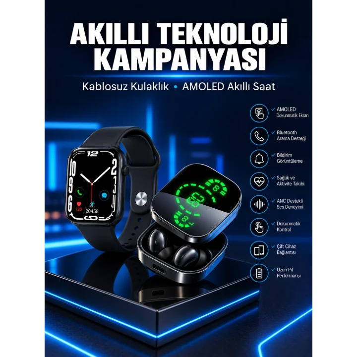 Mey İthalat® Yeni Nesil Akıllı Saat ve Ucuz Kaliteli Bluetooth Kablosuz Kulaklık Amoled Ekran