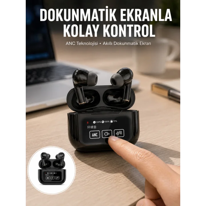 Mey İthalat® Yeni Nesil ANC Özellikli Çağrı Cevaplayan Dokunmatik Ekranlı Bluetooth Kulaklık Siyah Yeni Nesil
