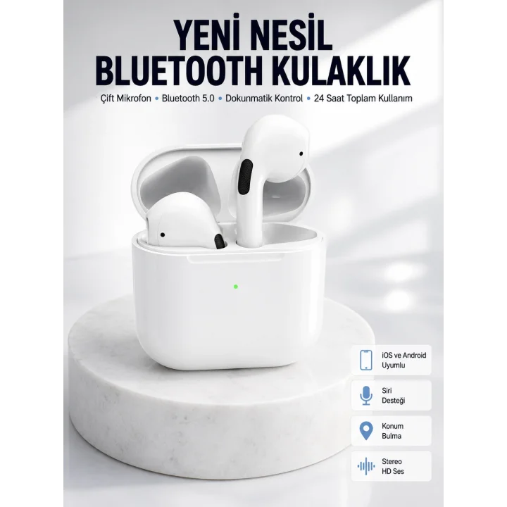 Mey İthalat® Yeni Nesil Bluetooth Kulaklık Beyaz Çağrı Cevaplayabilen Kablosuz