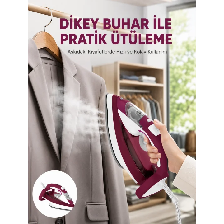 Mey İthalat® Yeni Nesil Kırmızı Buharlı Ütü 2200 Watt Seramik Tabanlı Yüksek Buhar Gücü