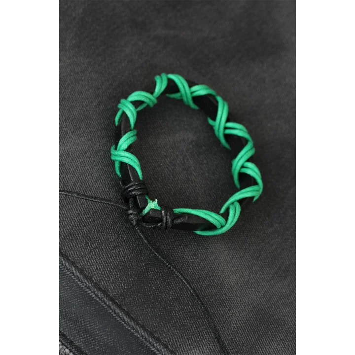 Mey İthalat® Yeşil İpli Siyah Renk Deri Erkek Bileklik