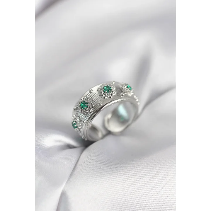 Mey İthalat® Yeşil Zirkon Taşlı Gümüş Renk Vintage Kadın Yüzük