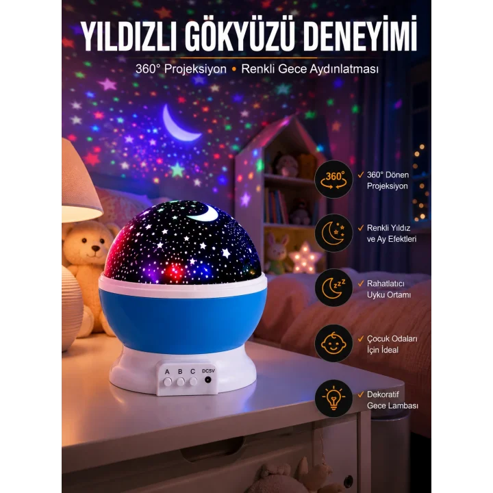 Mey İthalat® Yıldız Görünümlü Gece Lambası Renkli Masa Lambası Gökyüzü Projeksiyon