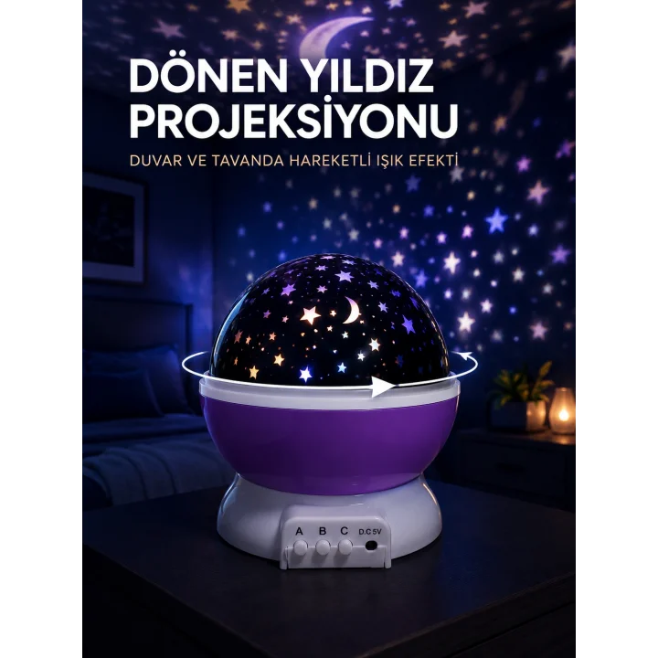 Mey İthalat® Yıldız Projeksiyon Lambası Döner Başlıklı Renkli Çocuk Odası Gece Işığı