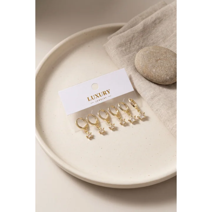 Mey İthalat® Yıldız Zirkon Taşlı Gold Renk Pirinç Set Küpe