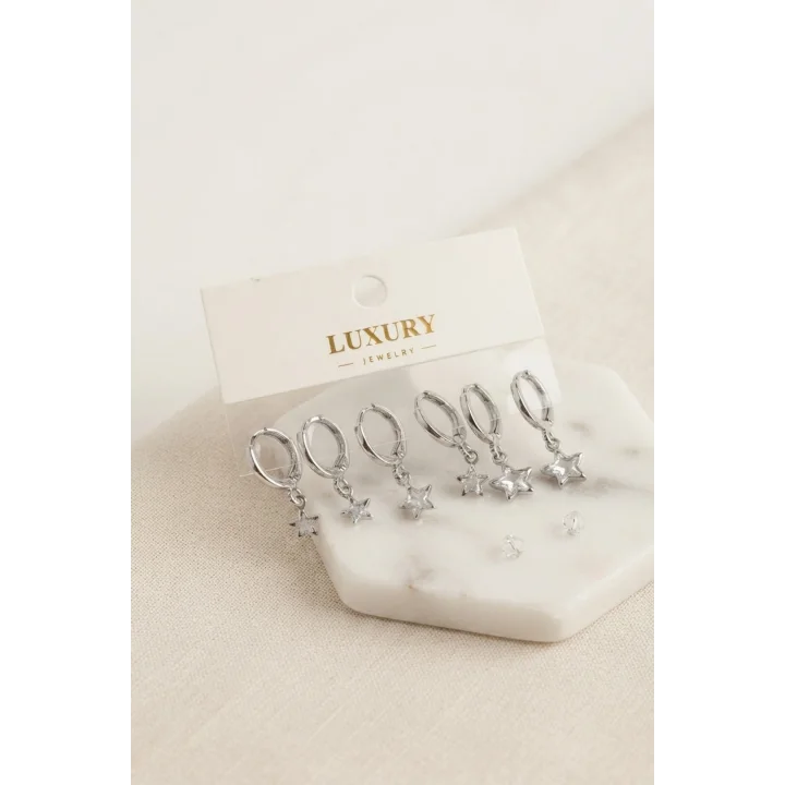 Mey İthalat® Yıldız Zirkon Taşlı Gümüş Renk Pirinç Set Küpe