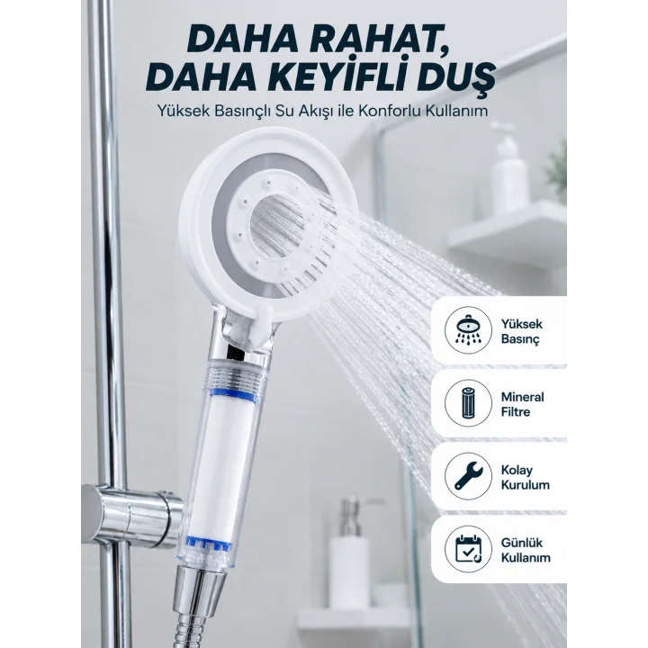 Mey İthalat® Yüksek Basınçlı Filtreli Duş Başlığı Mineral Filtreli Su Tasarruflu El Duşu
