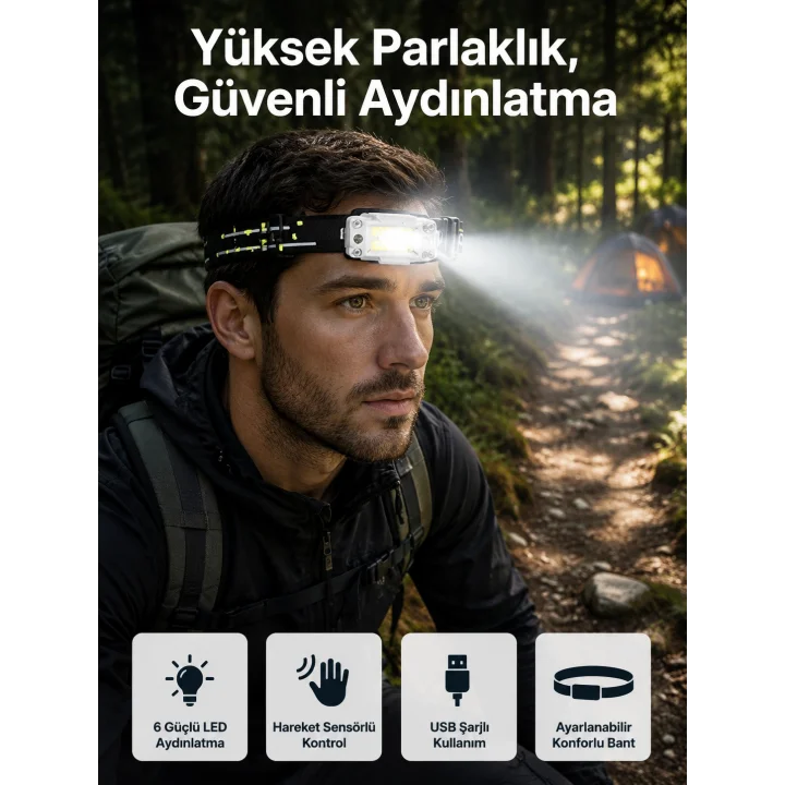 Mey İthalat® Yüksek Işıklı Şarjlı ve Sensörlü LED Kafa Lambası Kamp Lambası