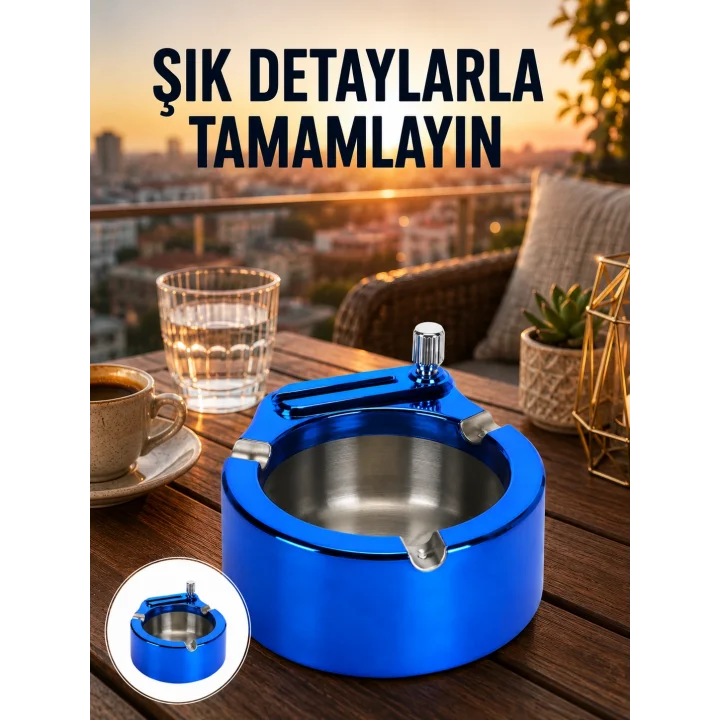 Mey İthalat® Yuvarlak Metal Küllük Çakmak Entegreli Dayanıklı Yapı Yeni Nesil