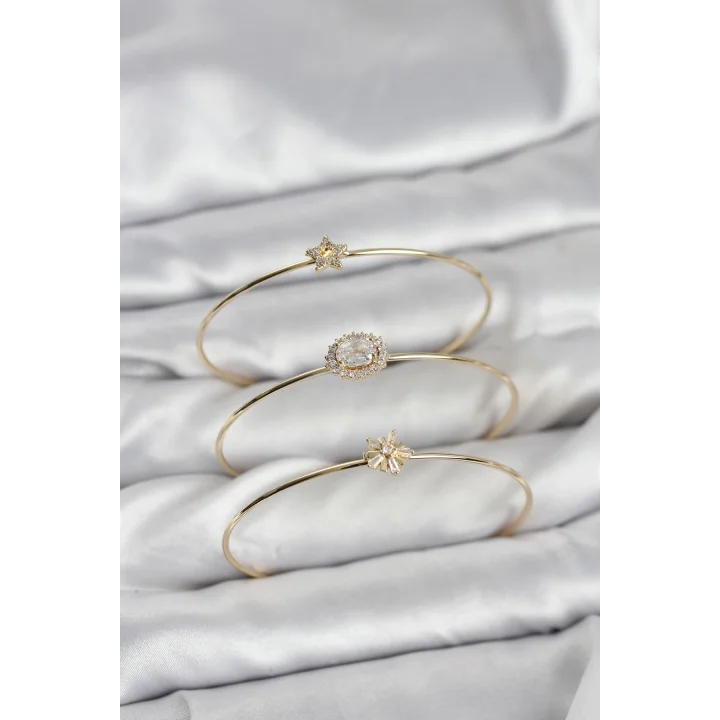 Mey İthalat® Zirkon Taşlı Gold Renk Tek Taş Model 3lü Kadın Bileklik Kombini