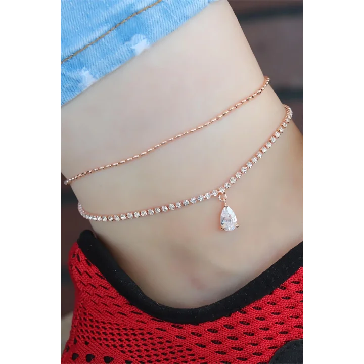 Mey İthalat® Zirkon Taşlı Rose Renk Çift Zincirli Hal Hal
