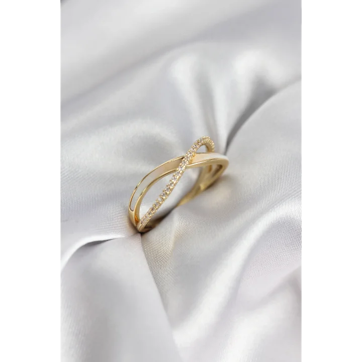 Mey İthalat® Zirkon Taşlı Sarmal Sedefli Gold Renk Kadın Yüzük