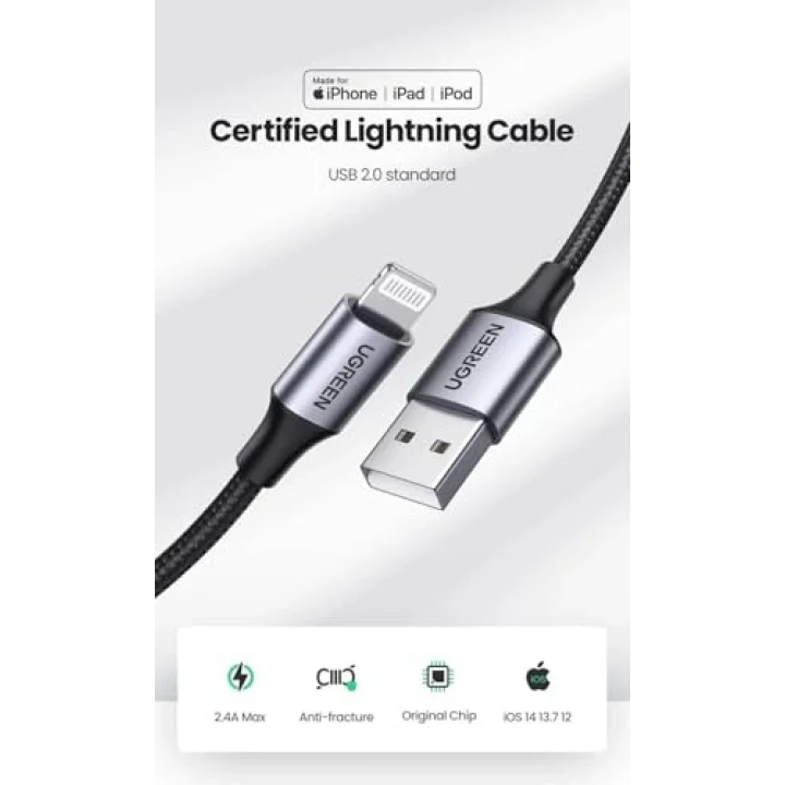 Mfi Lisansli USB-A & Lightning Örgülü Data ve Şarj Kablosu, 2 Metre, Beyaz