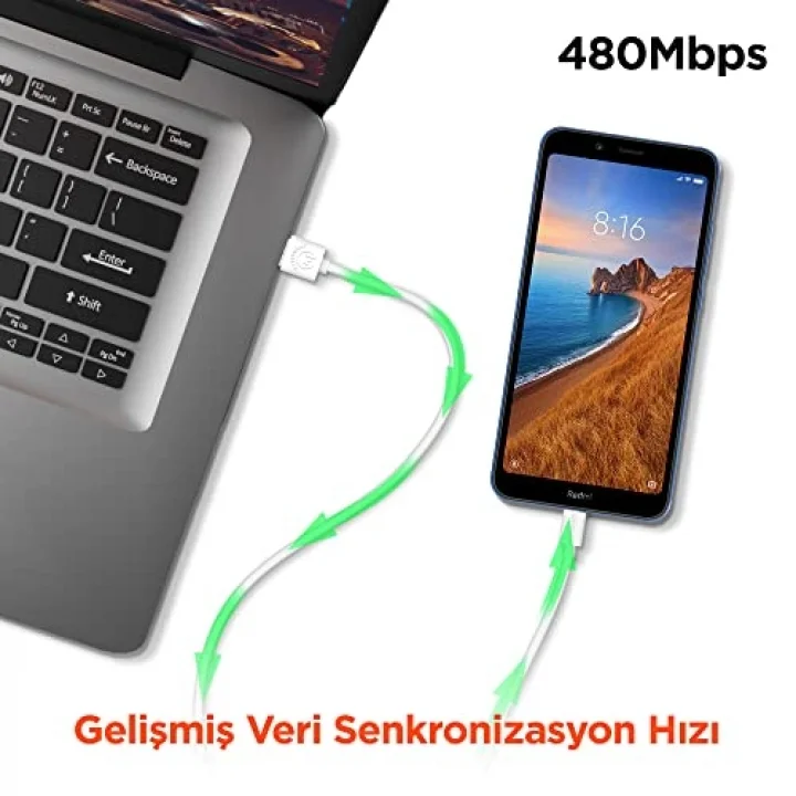 Micro USB Şarj ve Senkronizasyon Kablosu, Beyaz