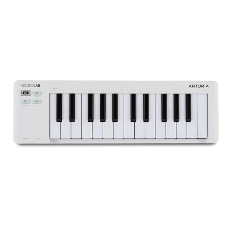 MicroLab MK3 - Kompakt 25 tuşlu hıza duyarlı MIDI denetleyici, iki dokunmatik şerit, akorlar modu, devam pedalı girişi, beyaz