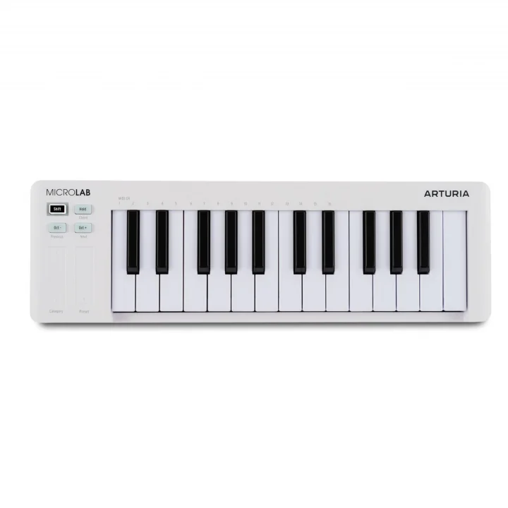 MicroLab MK3 - Kompakt 25 tuşlu hıza duyarlı MIDI denetleyici, iki dokunmatik şerit, akorlar modu, devam pedalı girişi, beyaz